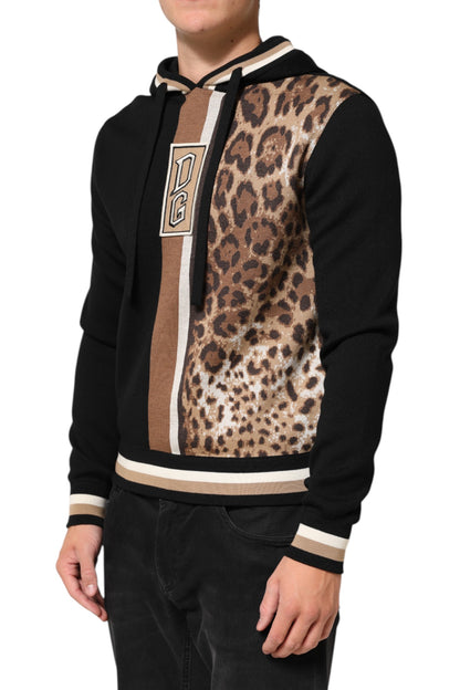 Dolce &amp; Gabbana – Schwarzes Sweatshirt mit Leoparden-Logo und Kapuze