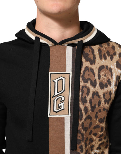 Dolce &amp; Gabbana – Schwarzes Sweatshirt mit Leoparden-Logo und Kapuze