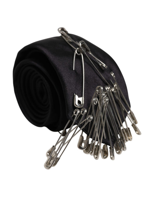 Dolce &amp; Gabbana Schwarze Sicherheitsnadeln Seidenkrawatte verstellbar Accessoire Krawatte