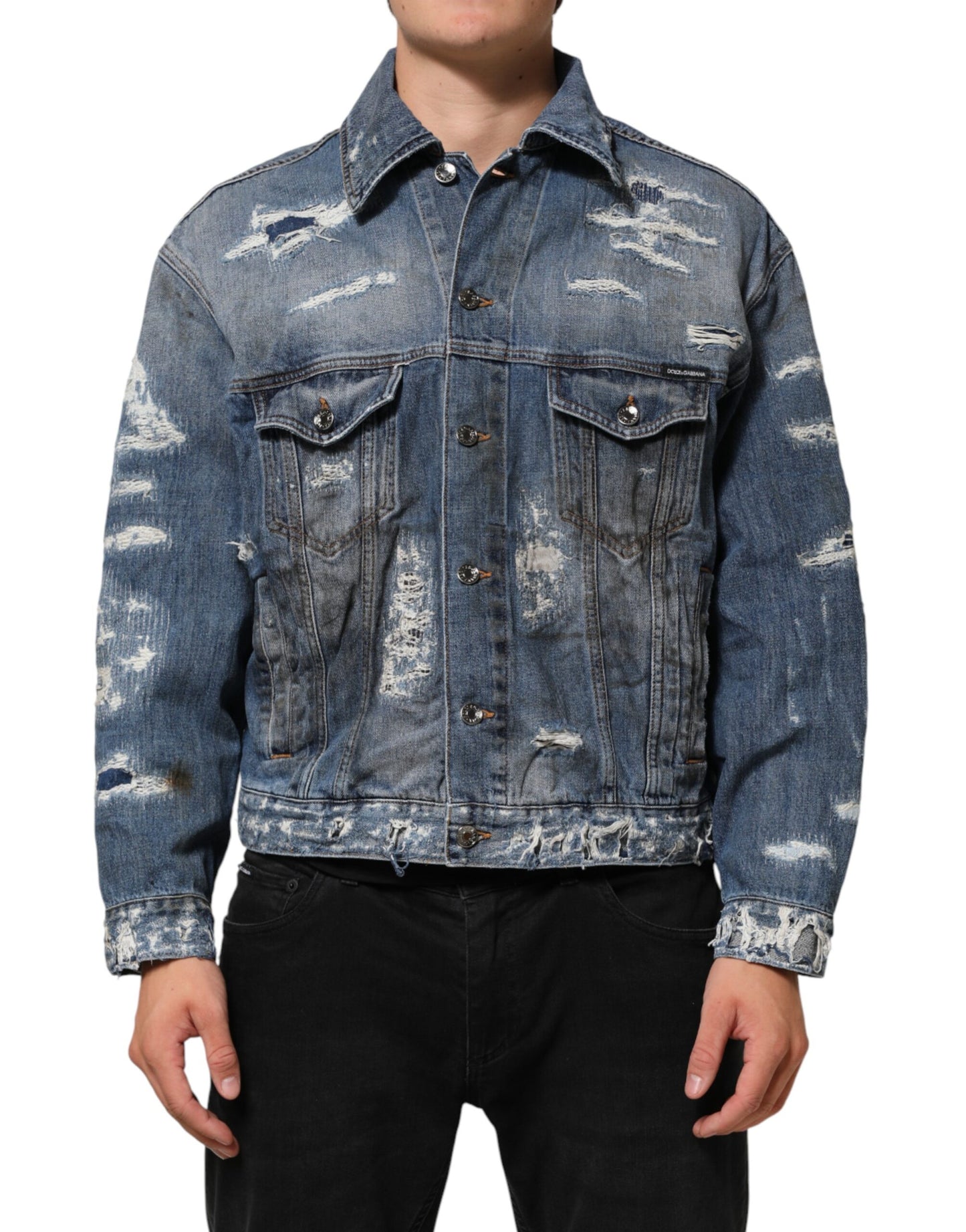Dolce &amp; Gabbana – Blousonjacke aus zerfetztem Baumwoll-Denim in Blau
