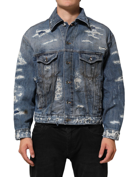 Dolce &amp; Gabbana – Blousonjacke aus zerfetztem Baumwoll-Denim in Blau
