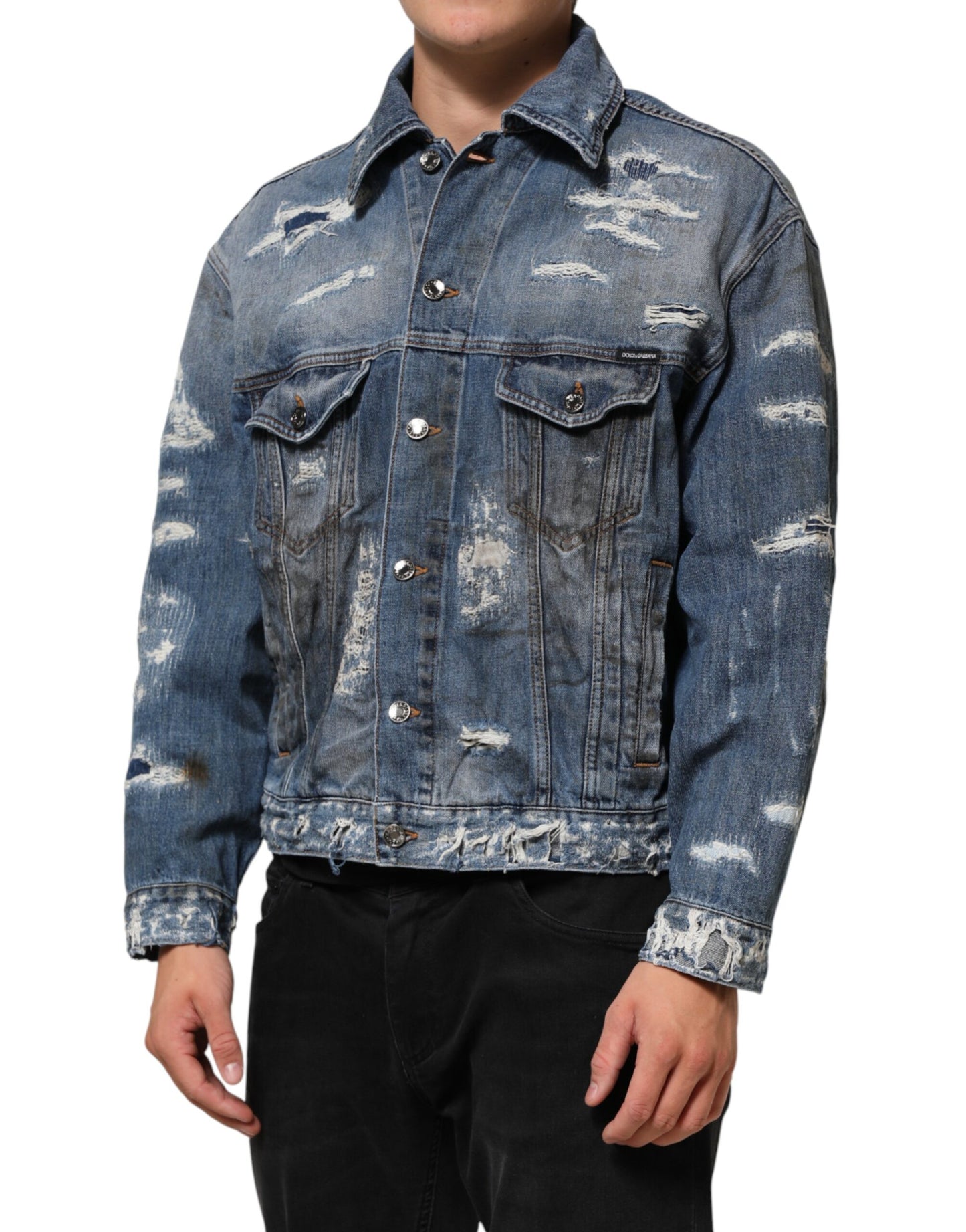 Dolce &amp; Gabbana – Blousonjacke aus zerfetztem Baumwoll-Denim in Blau
