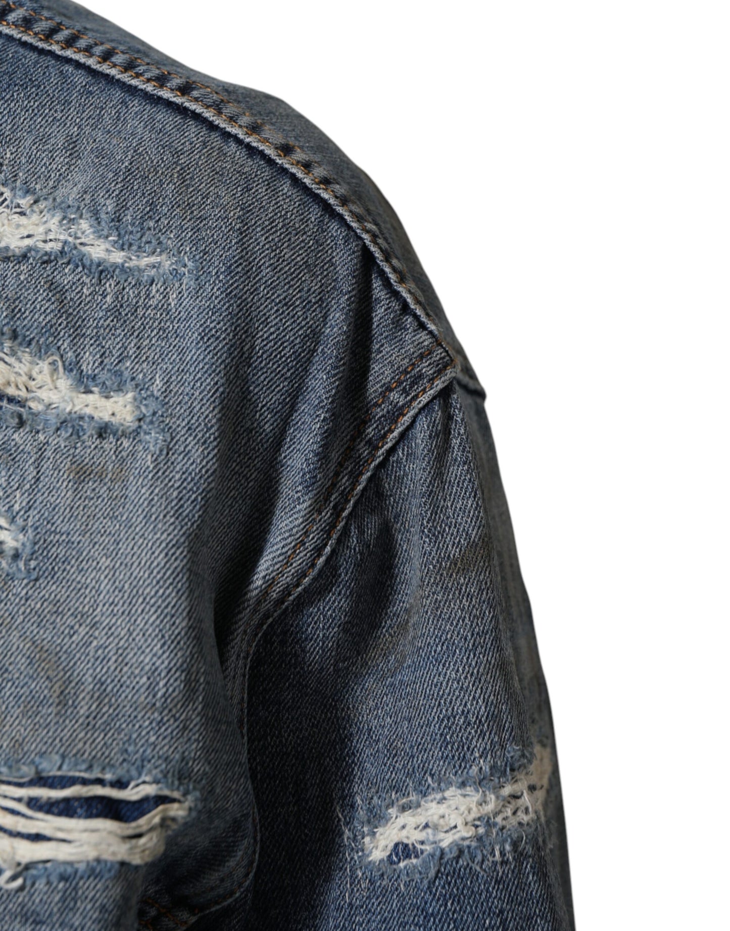 Dolce &amp; Gabbana – Blousonjacke aus zerfetztem Baumwoll-Denim in Blau