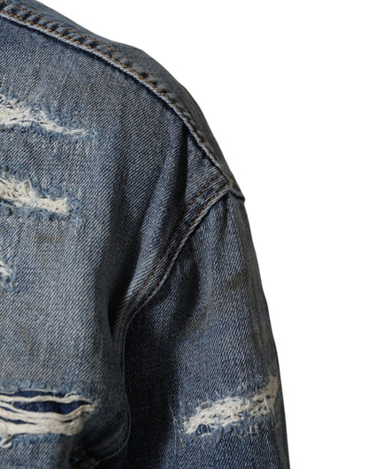 Dolce &amp; Gabbana – Blousonjacke aus zerfetztem Baumwoll-Denim in Blau