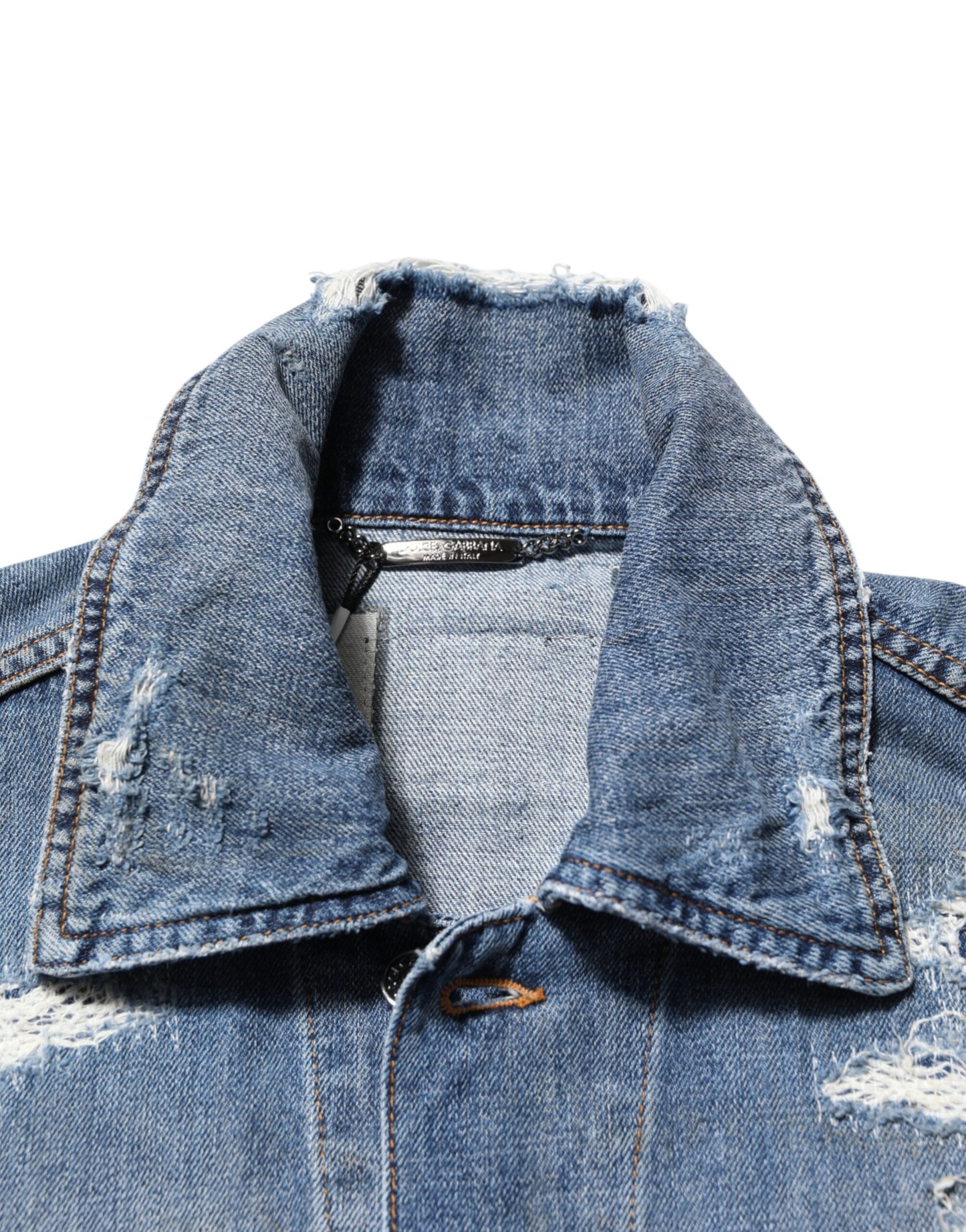 Dolce &amp; Gabbana – Blousonjacke aus zerfetztem Baumwoll-Denim in Blau