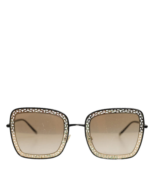 Dolce &amp; Gabbana DG2225 Sonnenbrille mit Spitzenrahmen in Schwarz und Gold mit braunem Farbverlauf