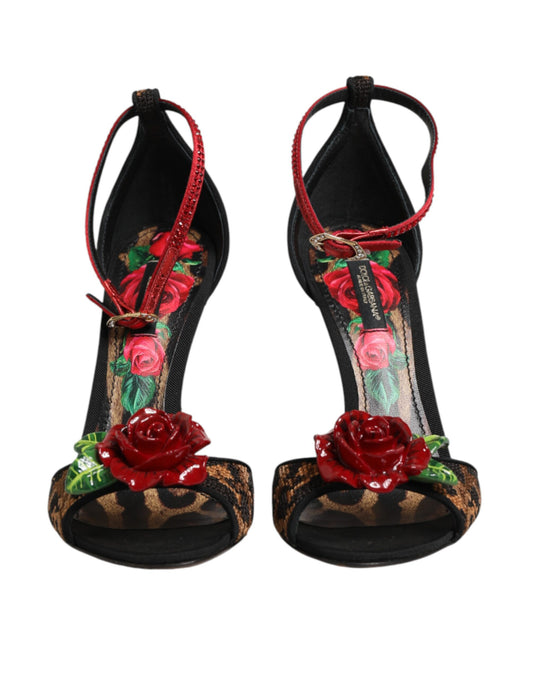 Dolce & Gabbana Braune Leopard Kristall Rosen Sandalen Schuhe