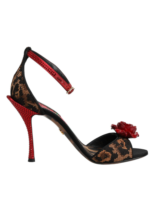 Dolce & Gabbana Braune Leopard Kristall Rosen Sandalen Schuhe
