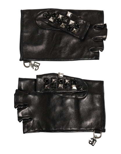 Dolce & Gabbana Black Leather Studded Fingerless Hand Mitten Men Gloves