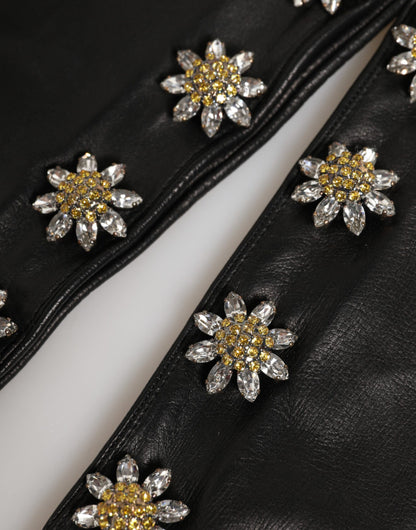 Dolce & Gabbana Black Leather Embellished Long Mitten Gloves