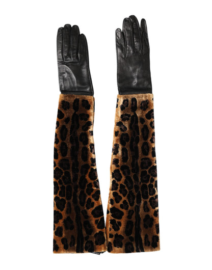 Dolce & Gabbana Brown Black Leopard Leather Elbow Length Mitten Gloves