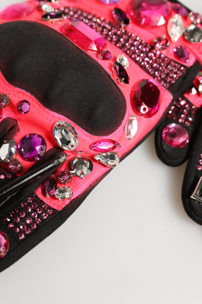 Dolce & Gabbana Black Pink Crystal Wrist Length Mitten Gloves