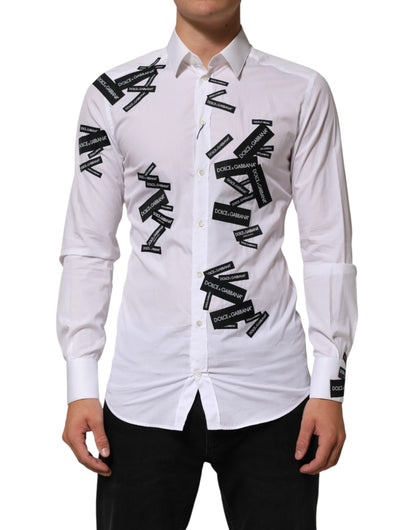 Dolce & Gabbana White Logo Cotton Collared GOLD Dress Shirt