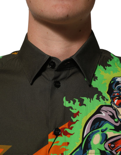 Dolce & Gabbana Green Superhero Print Button Down Shirt