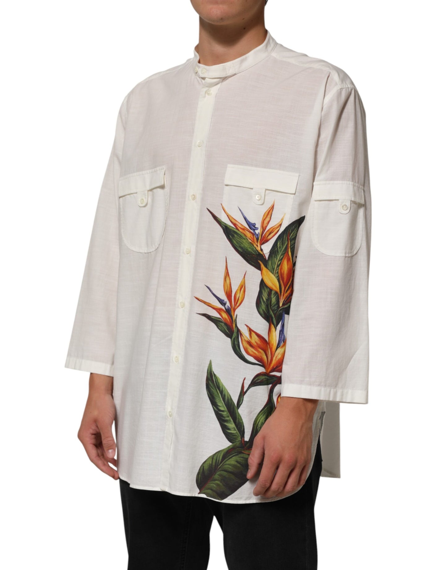 Dolce & Gabbana White Cotton Floral Print Button Down Shirt