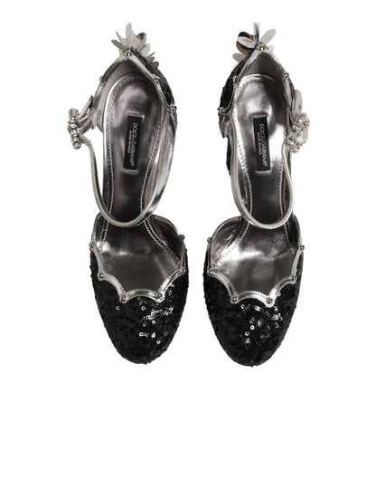 Dolce & Gabbana Black Sequined Ankle Strap Sandals Shoes