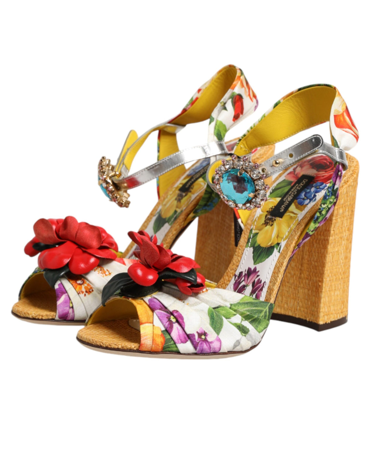 Dolce & Gabbana Mehrfarbige Blumenkristall-verzierte Sandalen Schuhe