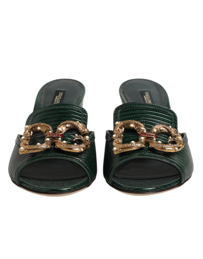 Dolce & Gabbana Green DG Amore Heel Slides Sandals Shoes