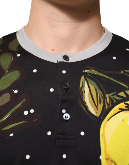 Dolce & Gabbana Black Polka Dot Lemons Horse Henley T-Shirt