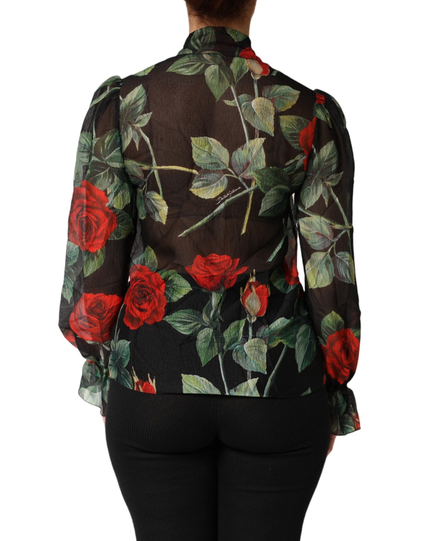 Dolce & Gabbana Black Floral Long Sleeves Silk Blouse Top