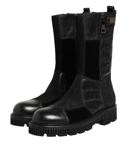 Dolce & Gabbana Black Patchwork Leather Mid Calf Boot  Shoes