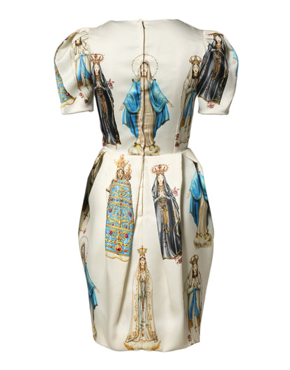 Dolce & Gabbana Beige Madonne Print Silk Short Sleeve Dress