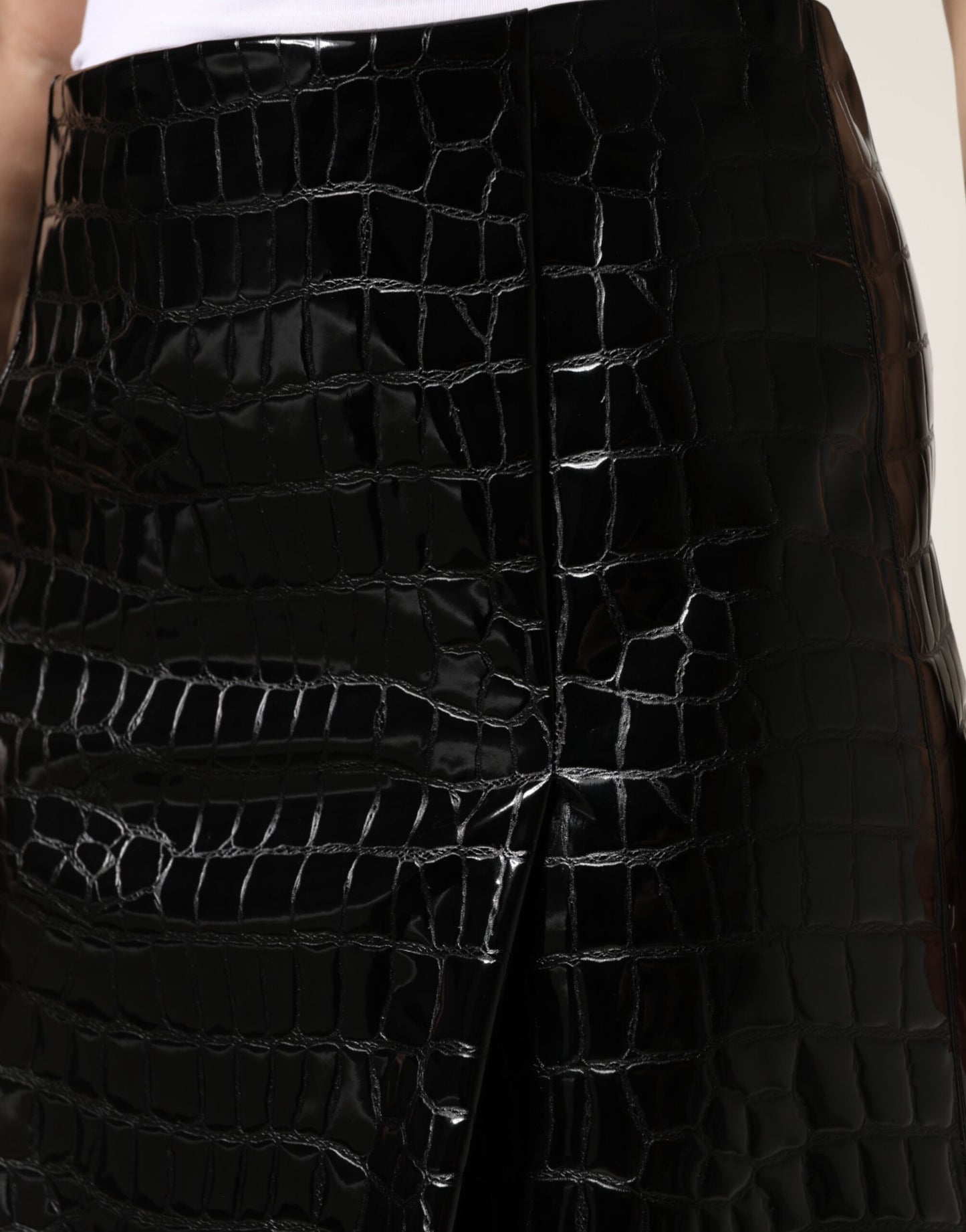 Dolce & Gabbana Black Croc Faux-Leather Mid Waist Midi Skirt