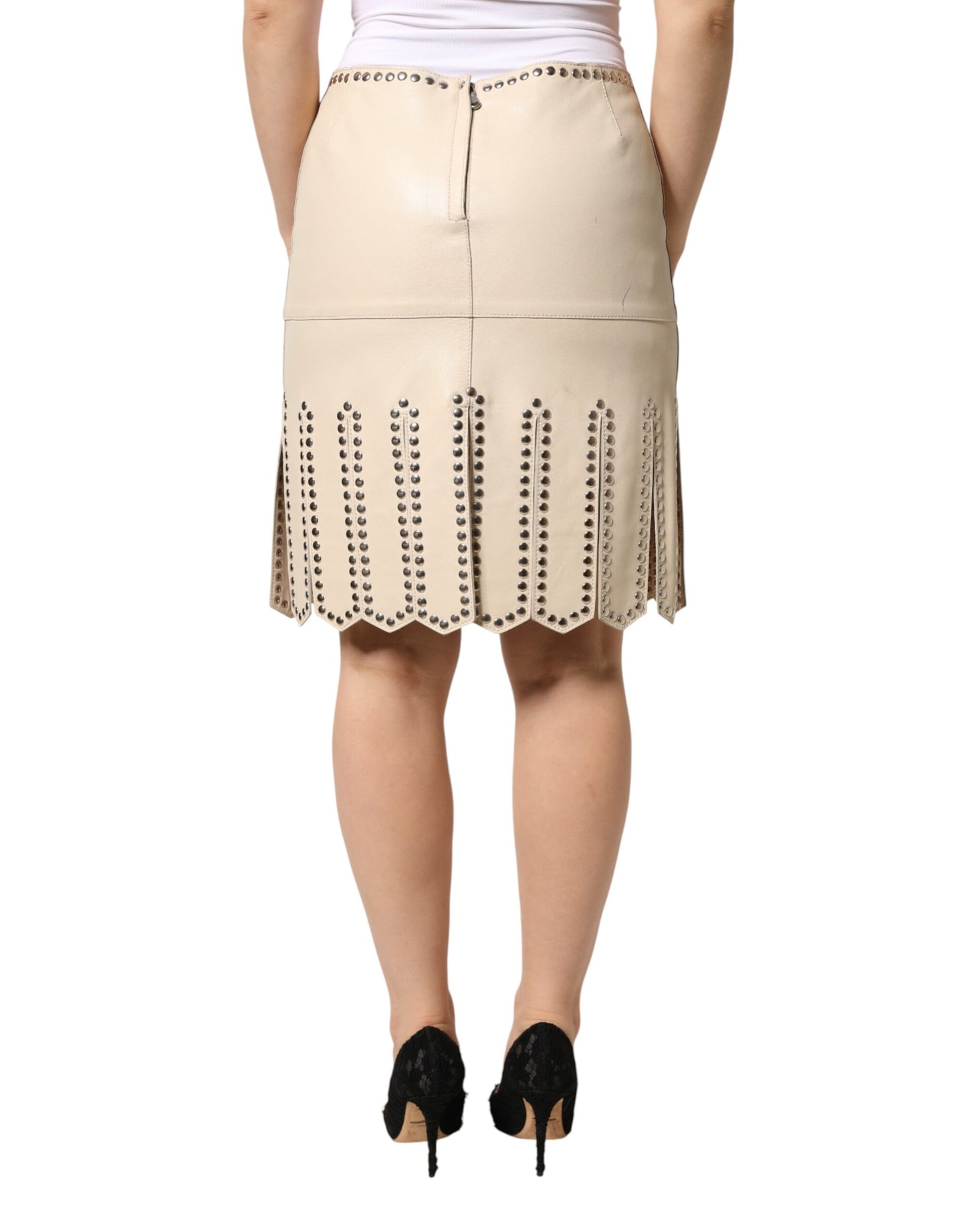 Dolce & Gabbana Beige Leather Studs Mid Waist Mini Skirt