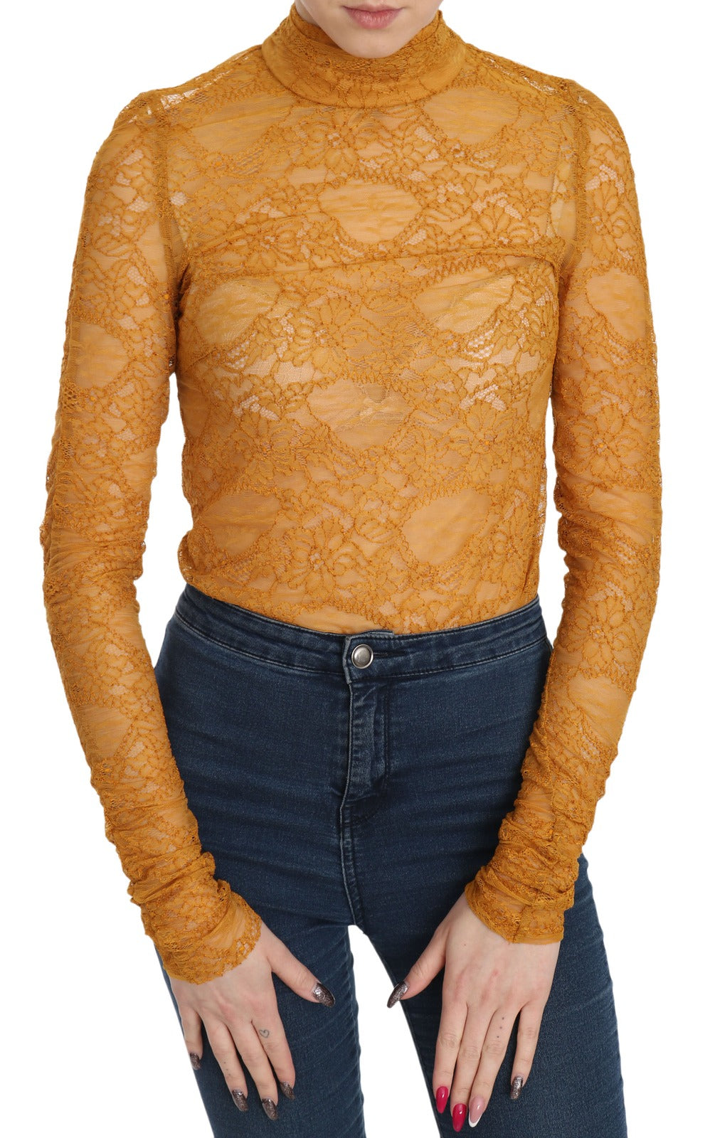 Mangano Mustard Turtle Neck Long Sleeve Lace Top Blouse