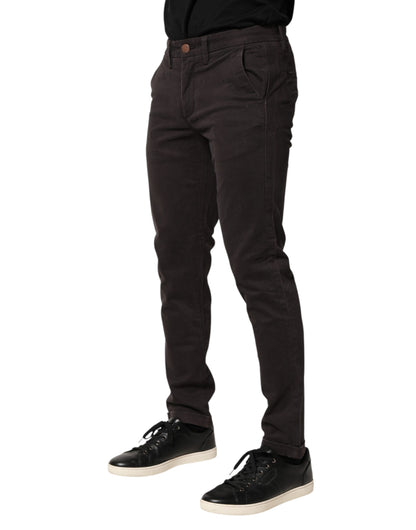 Sun68 Dark Brown Cotton Stretch Skinny Mid Waist Men Trouser Pants