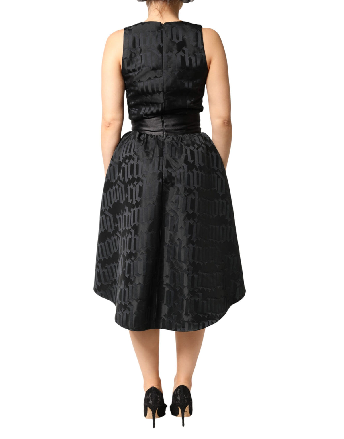 John Richmond Schwarzes Jacquard ärmelloses 2-teiliges Kleid mit tiefem V-Ausschnitt