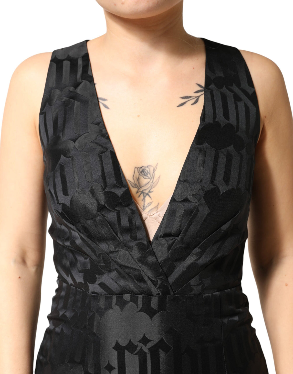 John Richmond Schwarzes Jacquard ärmelloses 2-teiliges Kleid mit tiefem V-Ausschnitt