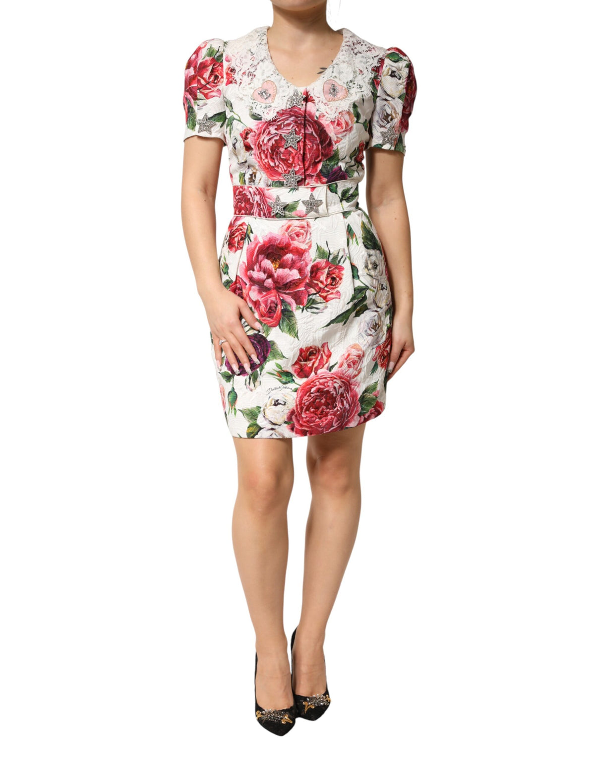 Dolce & Gabbana Weißes, blumenverziertes Etui-Minikleid