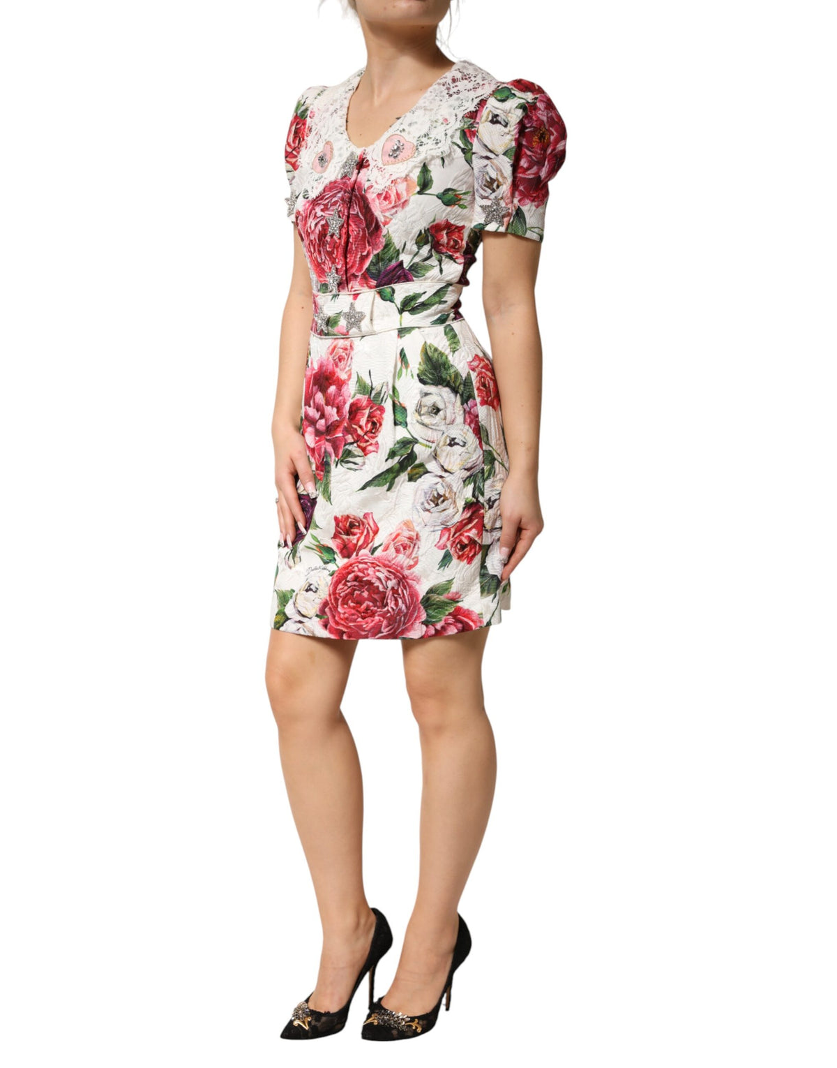 Dolce & Gabbana Weißes, blumenverziertes Etui-Minikleid