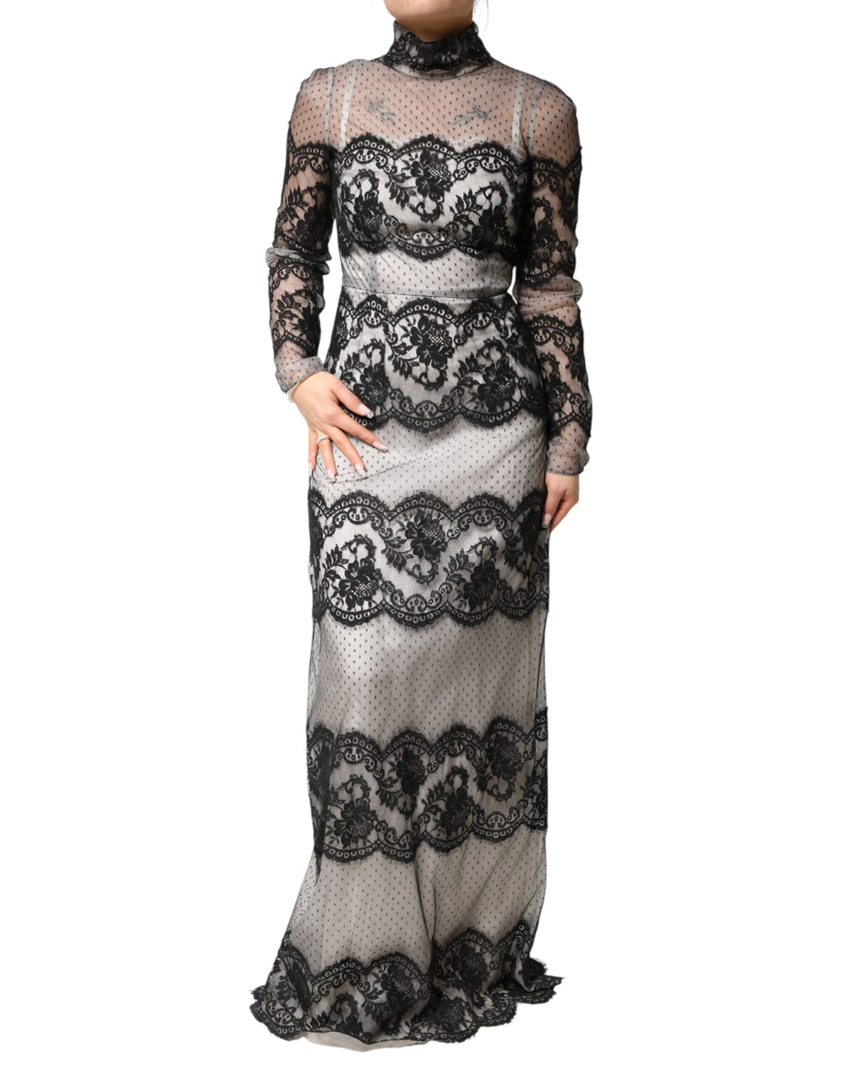 Dolce & Gabbana Maxikleid aus schwarzer und weißer Seidenmischung mit Spitze