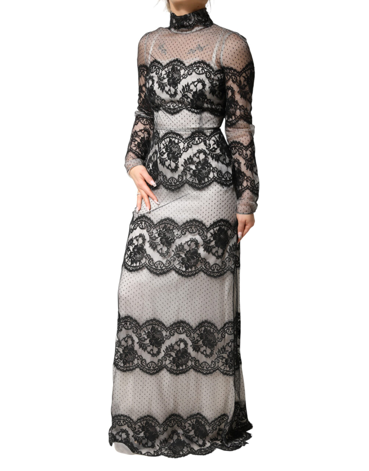 Dolce & Gabbana Maxikleid aus schwarzer und weißer Seidenmischung mit Spitze