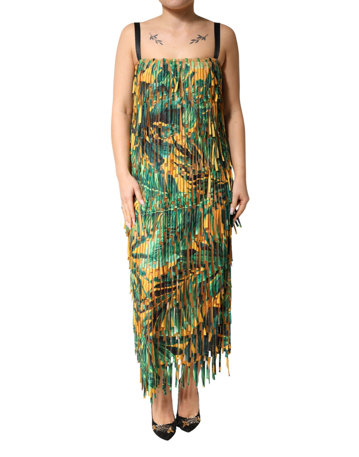 Dolce & Gabbana Maxikleid mit tropischem Multicolor-Print und Fransen