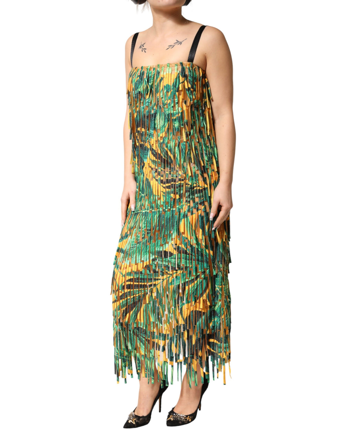 Dolce & Gabbana Maxikleid mit tropischem Multicolor-Print und Fransen