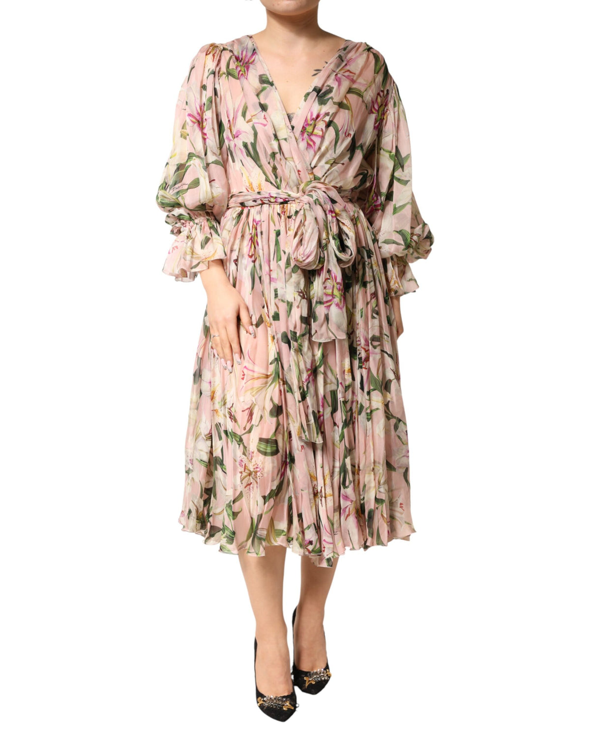 Dolce & Gabbana Maxikleid mit A-Linie, Falten und rosa Lilien-Print