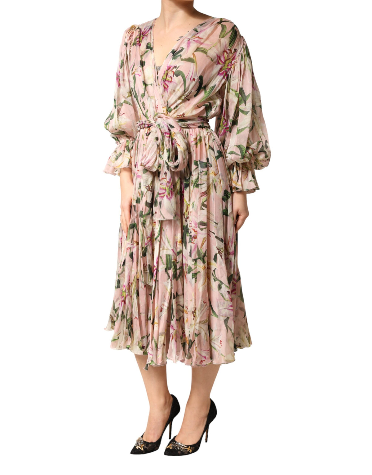 Dolce & Gabbana Maxikleid mit A-Linie, Falten und rosa Lilien-Print