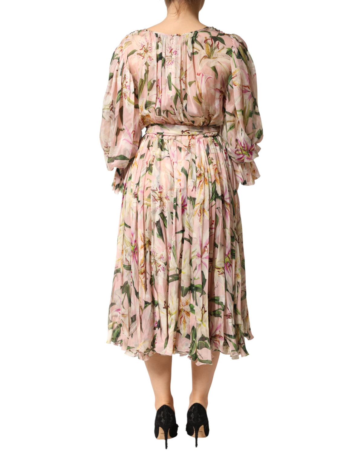 Dolce & Gabbana Maxikleid mit A-Linie, Falten und rosa Lilien-Print