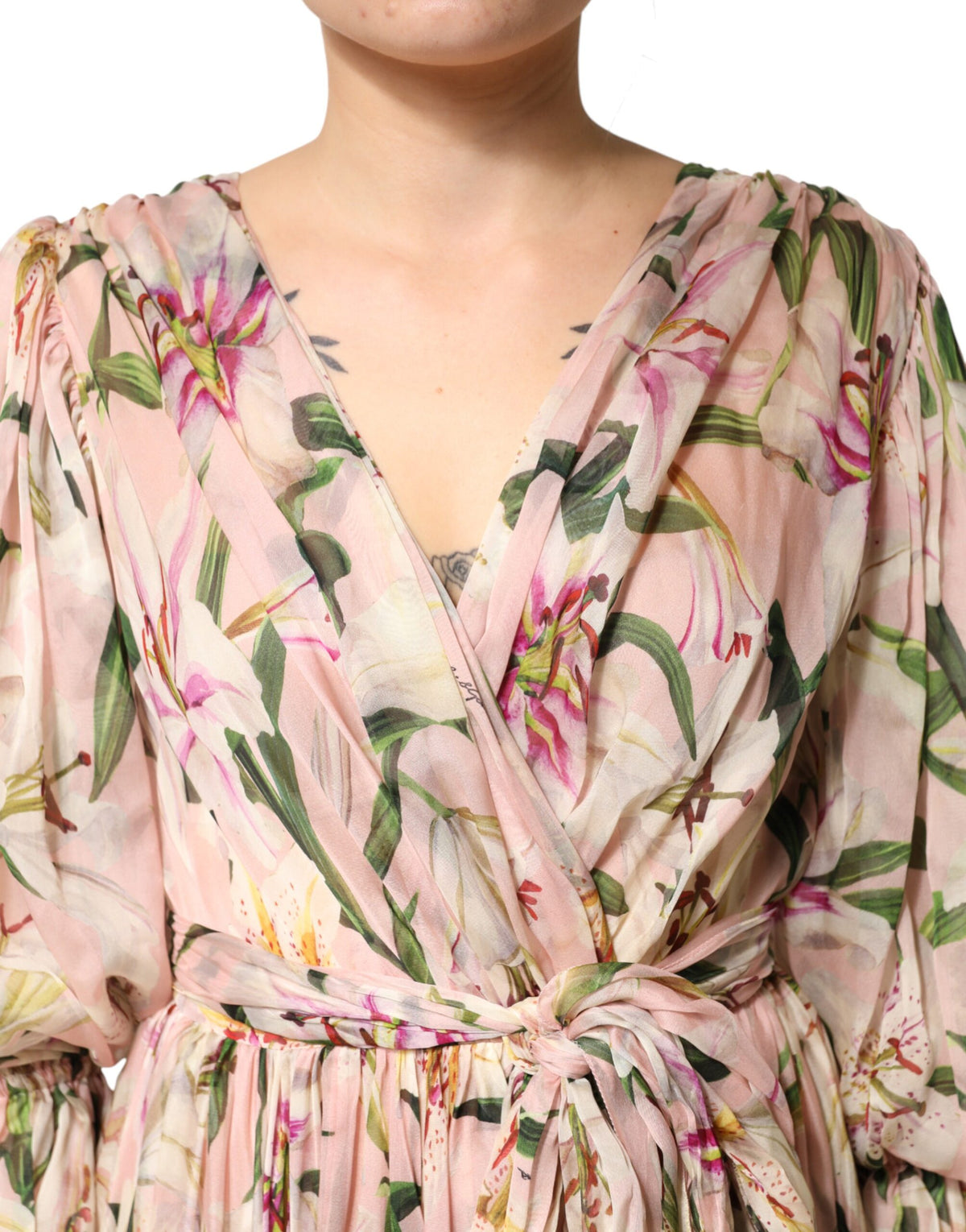 Dolce & Gabbana Maxikleid mit A-Linie, Falten und rosa Lilien-Print