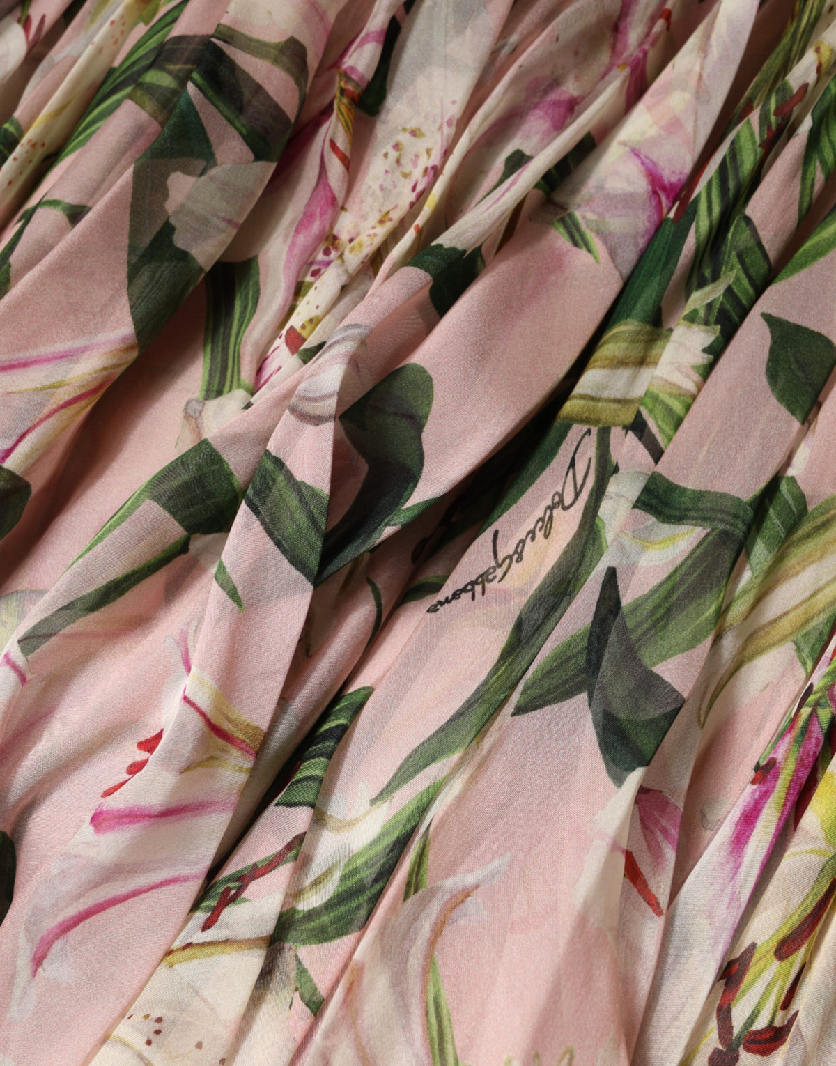 Dolce & Gabbana Maxikleid mit A-Linie, Falten und rosa Lilien-Print