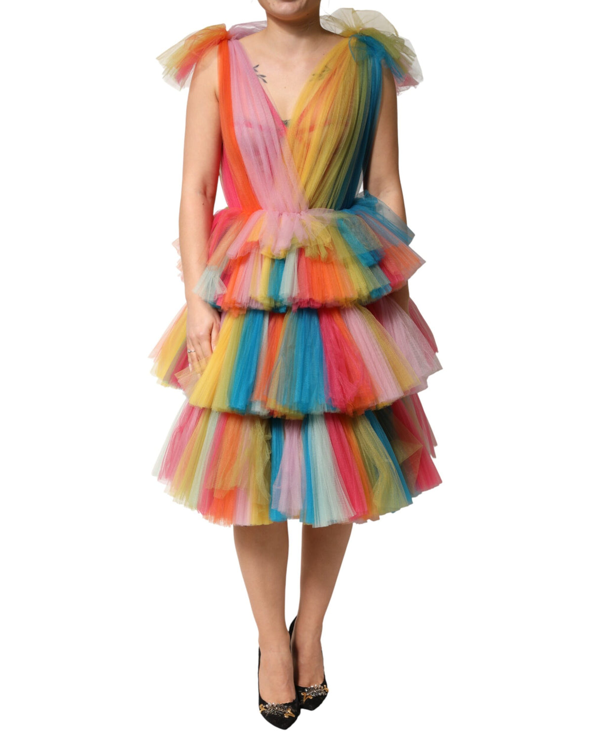 Dolce & Gabbana mehrfarbiges Nylon-Tüll-Midi-Kleid mit Stufen
