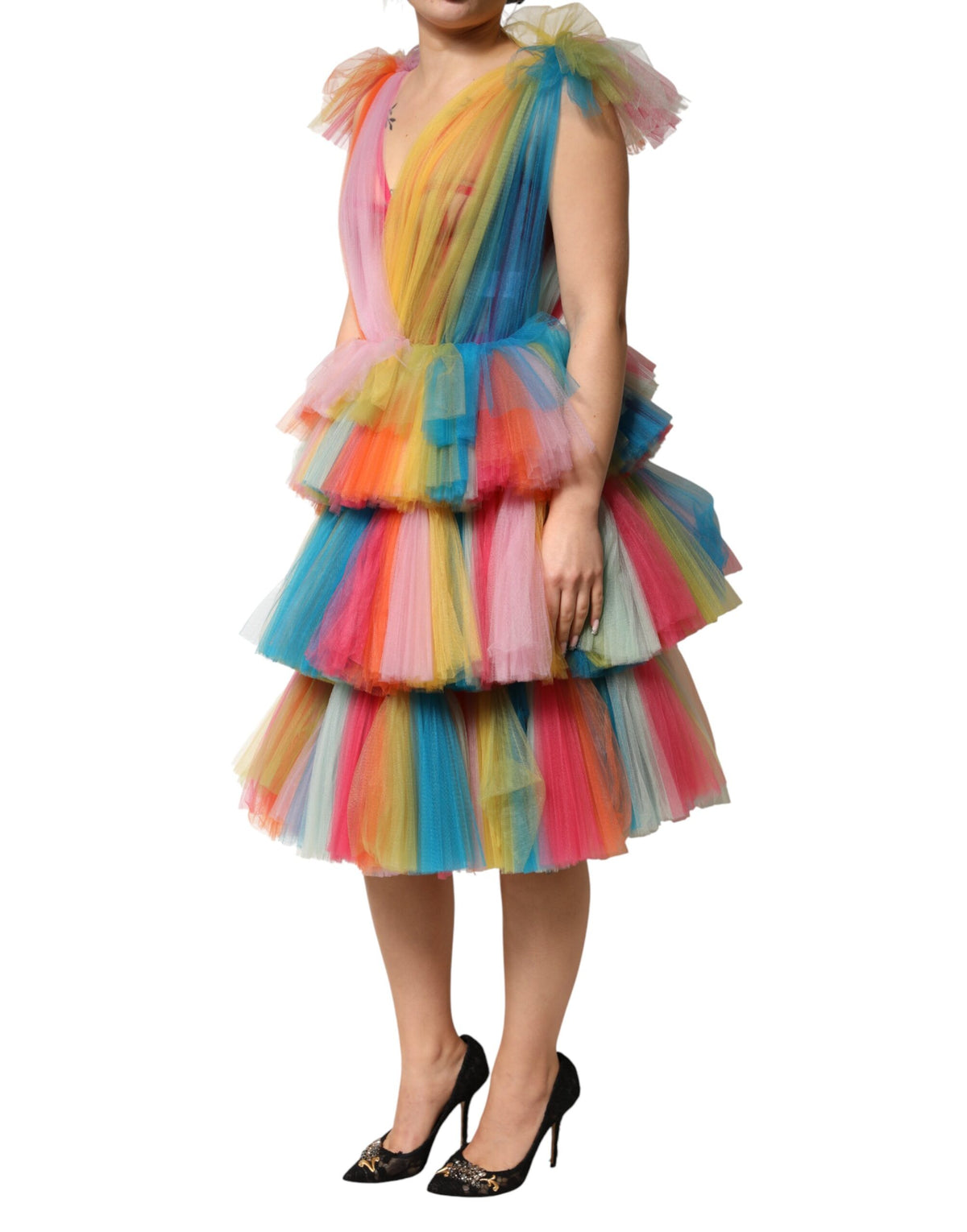 Dolce & Gabbana mehrfarbiges Nylon-Tüll-Midi-Kleid mit Stufen