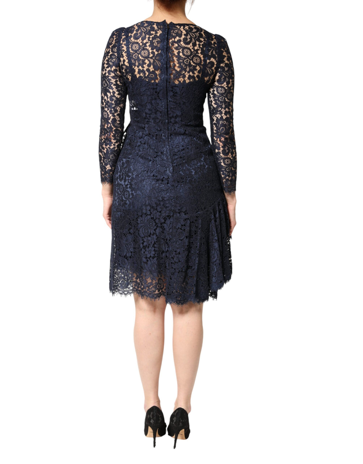 Dolce & Gabbana blaues Spitzenrüschen-A-Linien-Kleid in Knielänge