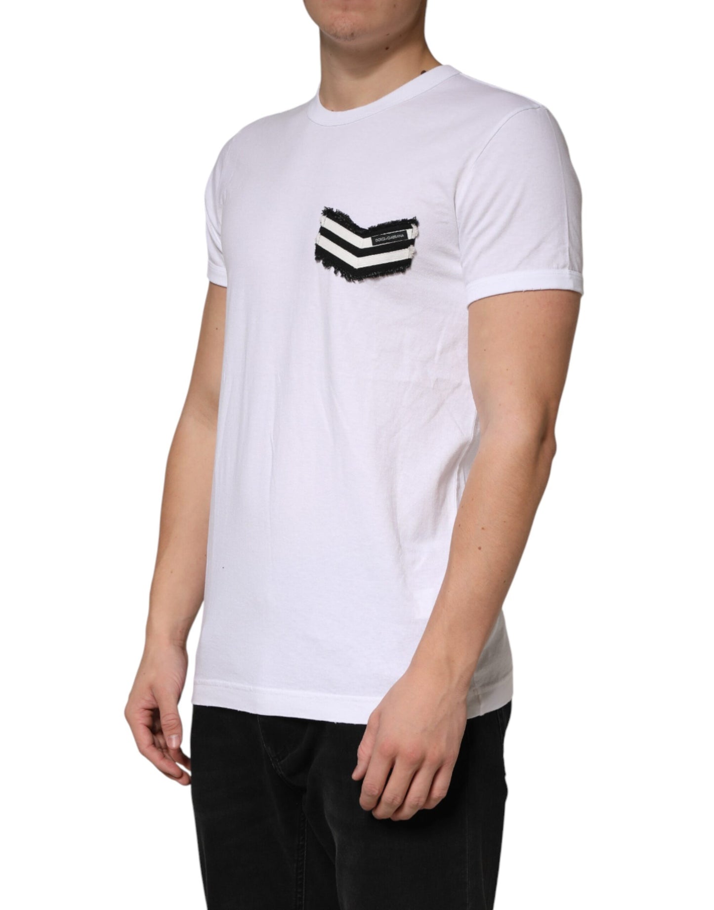 Dolce & Gabbana White Stripes Cotton Crew Neck Tee  T-shirt